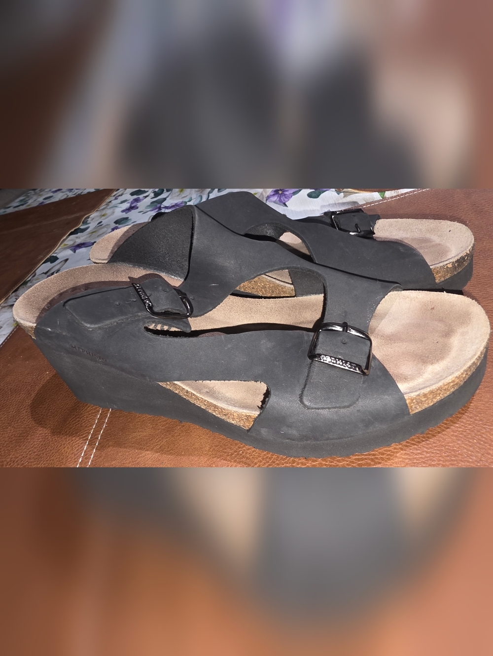 Mephisto Black Wedge Sandals with Buckle